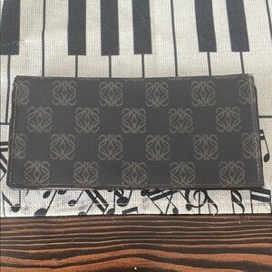 Loewe Anagram Pattern Outside PVC Black Leather Inside Used Sleek Long Wallet